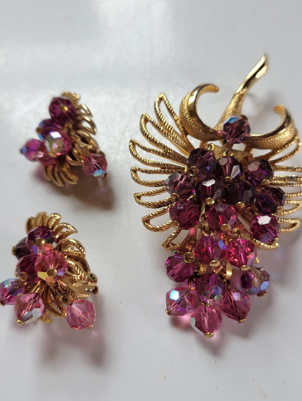 Parklane Gold-Tone Pink and Purple Crystal Floral Brooch and Clip-On Earring Set